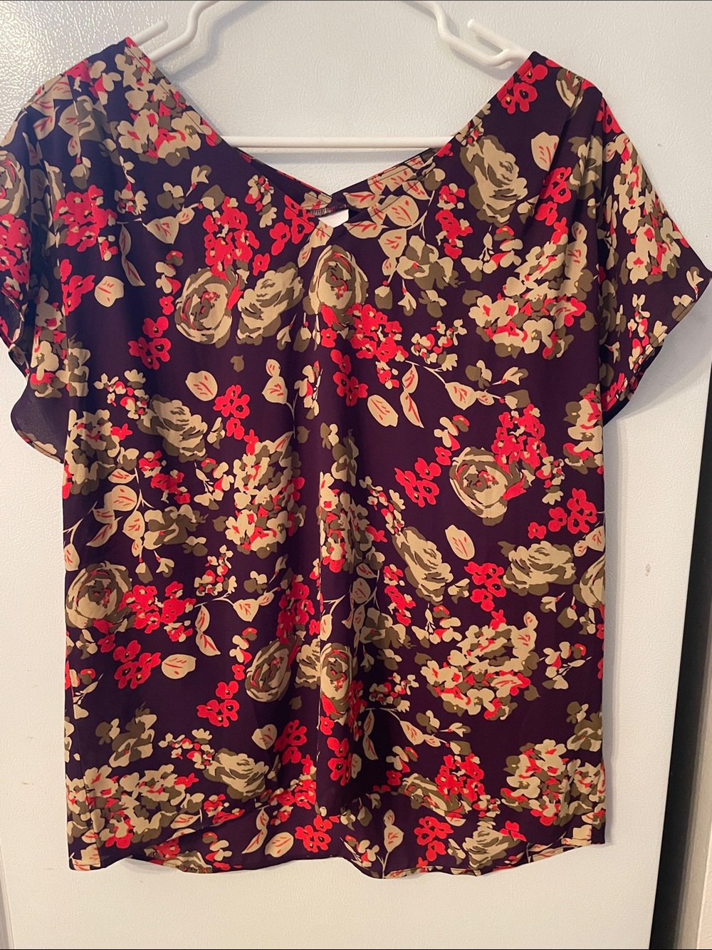 CAbi Medium Floral V-Neck Short Sleeve Top - Burgundy, Red, Olive